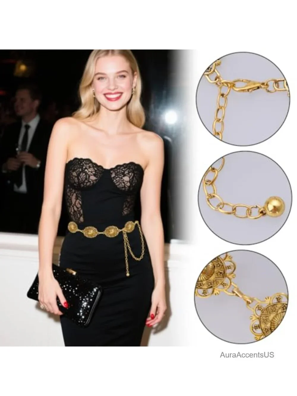 Oval Concho Chain Belt Metal Waist Chain Belt for Jeans Dresses Cowgirl Country